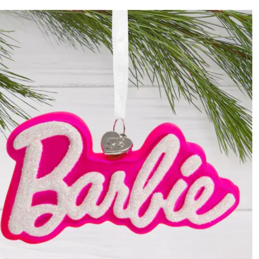 Hallmark Barbie Logo Blown Glass Ornament - Pink and White